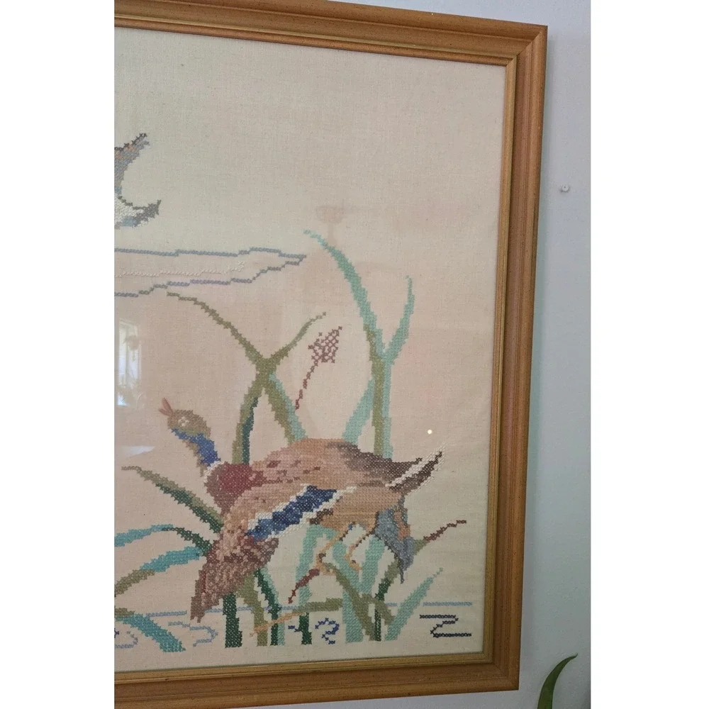 LG Vintage Framed Mallard Ducks Cross Stitch Needlepoint Wildlife Wall Art 27x38